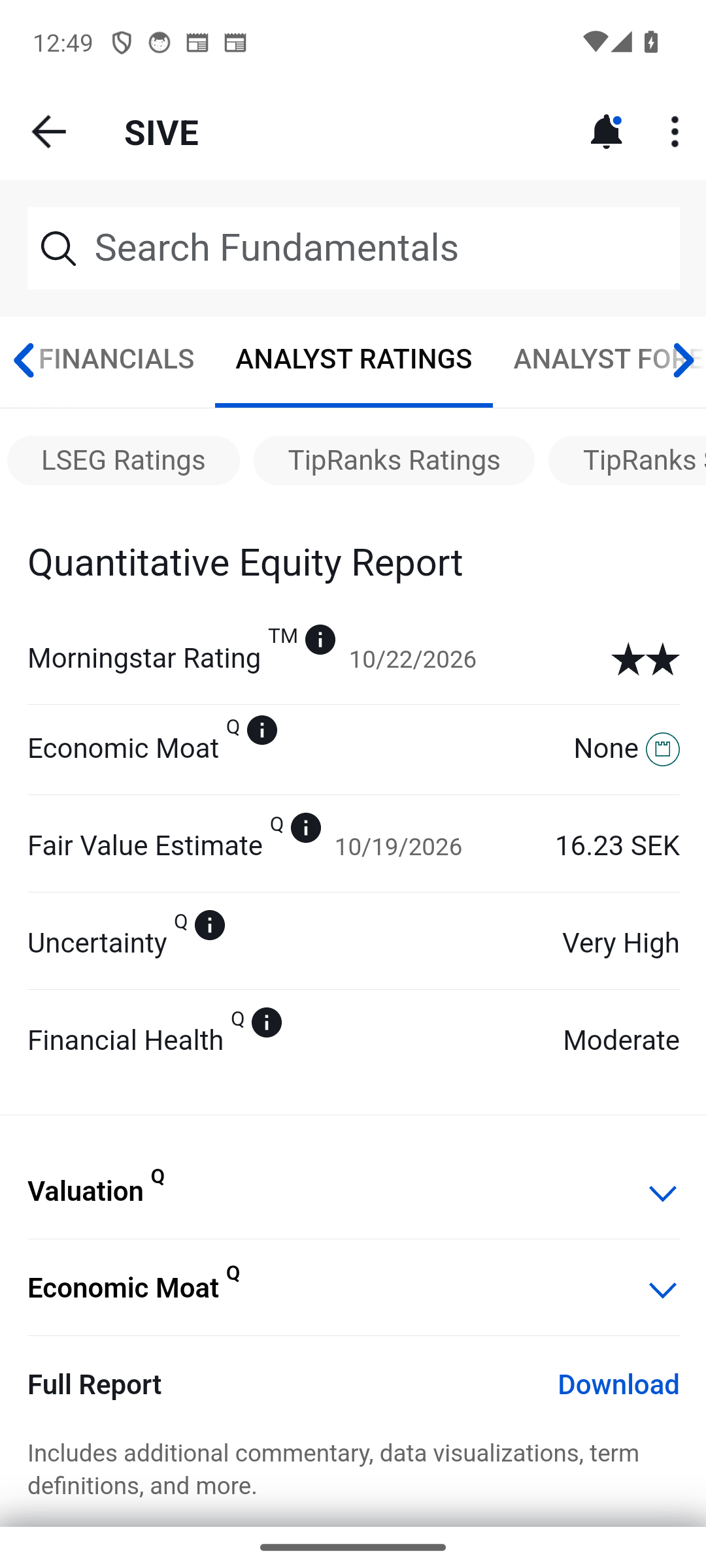 IBKR Mobile Morningstar quantitative summary for Sivers, captured 2026-10-22 12:49:54 CEST
